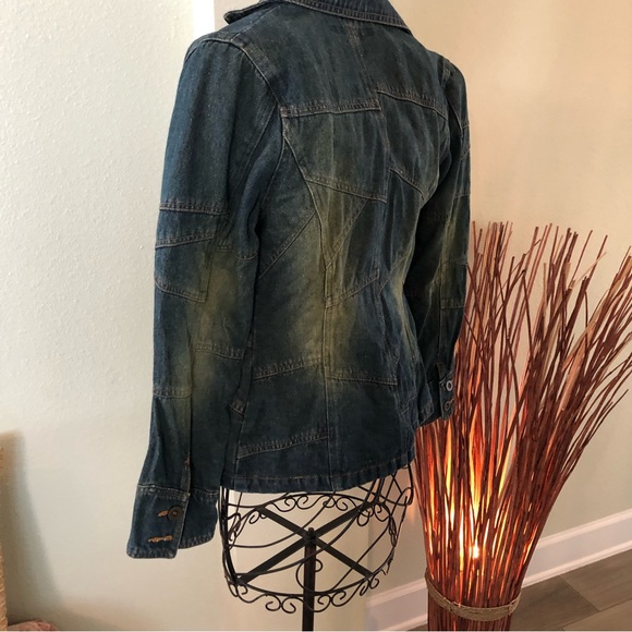 Jennyfer J denim Jean jacket front pockets distressed Patchwork Medium. EC* - Picture 7 of 14